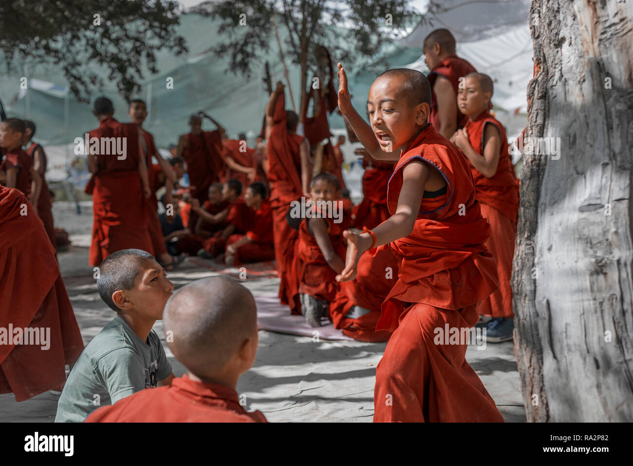 Young buddhist monks traditional debate at the Samstanling monastery in Sumur, Nubra valley, Ladakh, Jammu and Kashmir, India, July 19, 2018. (CTK Pho Stock Photo