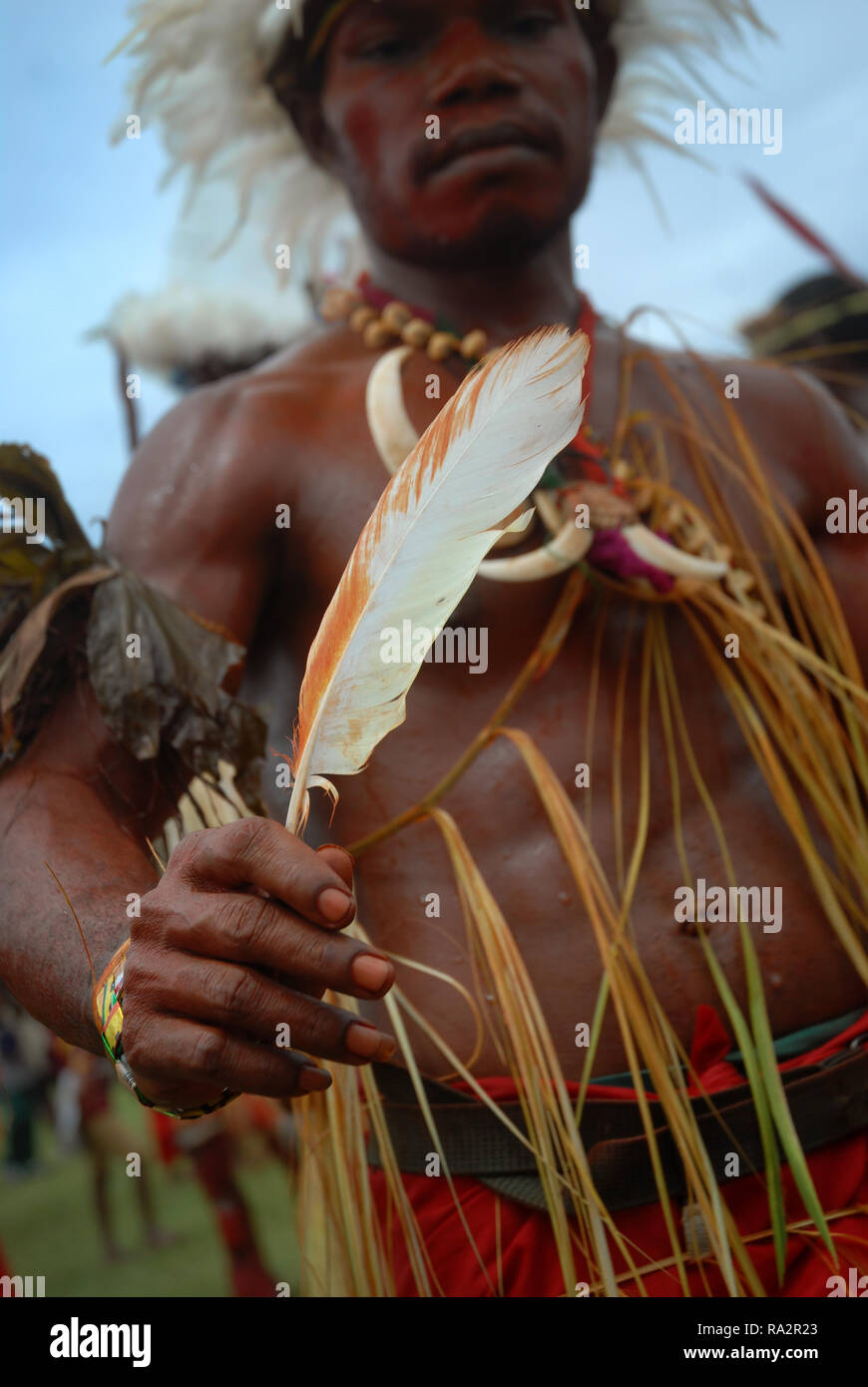 Colourfully dressed and face painted man holding a feather as part of the annual Sing Sing in Madang, Papua New Guinea. Stock Photo