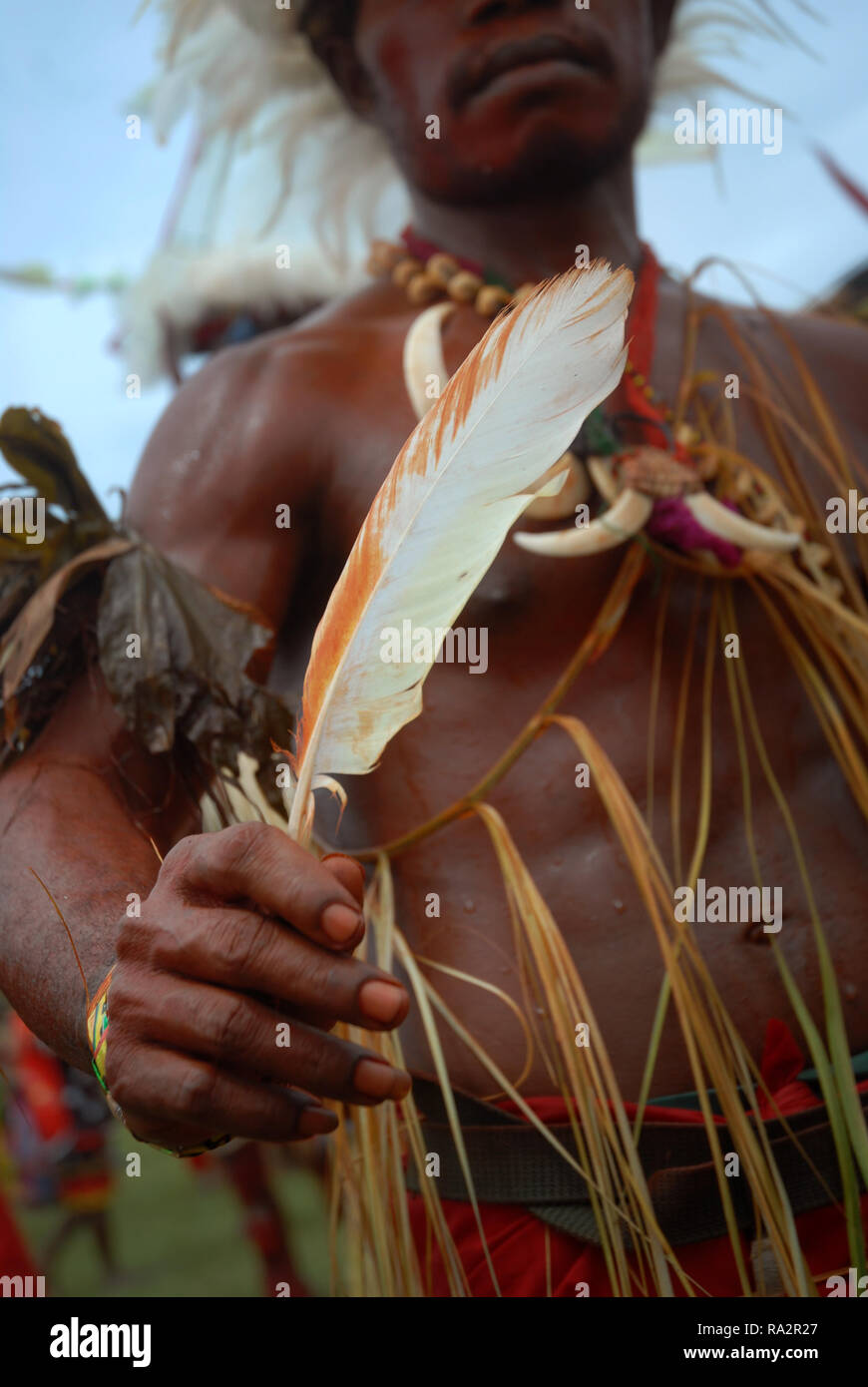 Colourfully dressed and face painted man holding a feather as part of the annual Sing Sing in Madang, Papua New Guinea. Stock Photo