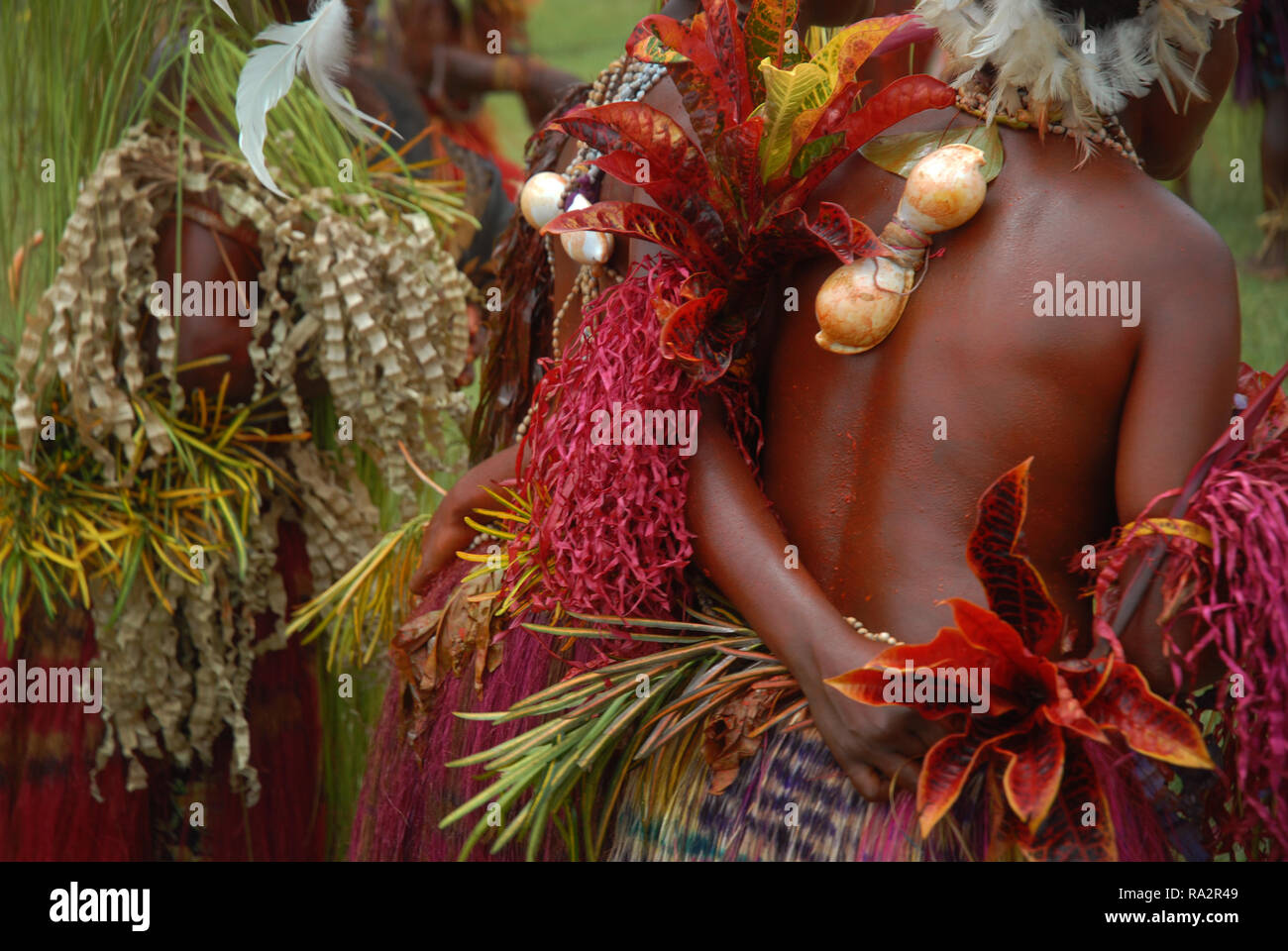 Colourfully dressed and face painted men and women decorated with shells and leaves as part of the annual Sing Sing in Madang, Papua New Guinea. Stock Photo