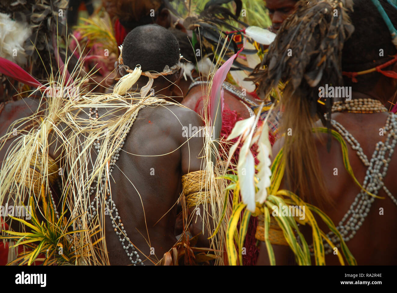 Colourfully dressed and face painted men and women decorated with shells and leaves as part of the annual Sing Sing in Madang, Papua New Guinea. Stock Photo
