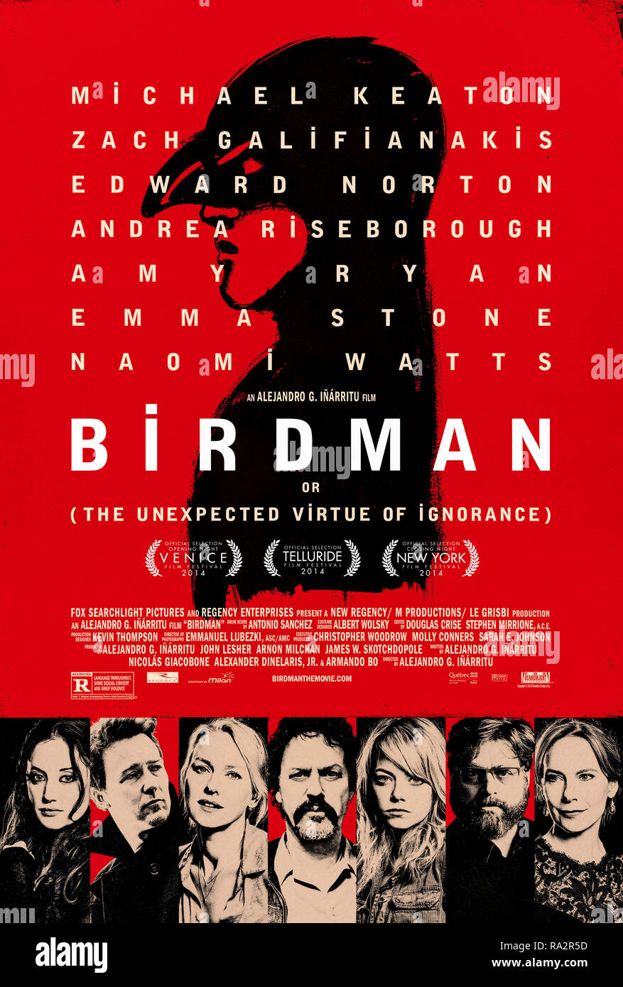 Birdman or (The Unexpected Virtue of Ignorance) (2014) directed by Alejandro G. Iñárritu and starring Michael Keaton, Zach Galifianakis, Edward Norton and Emma Stone. A former movie superhero decides to write, direct and star in a Broadway production to re-launch his fading career. Stock Photo
