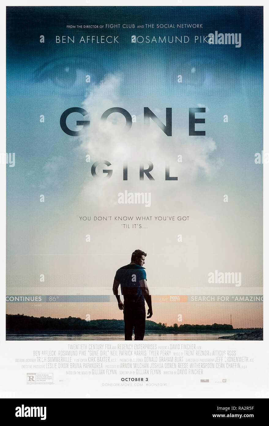 Gone Girl (2014) directed by David Fincher and starring Ben Affleck, Rosamund Pike, Neil Patrick Harris and Tyler Perry. Film version of Gillian Flynn’s bestselling novel about a missing wife and a suspicious husband. Stock Photo