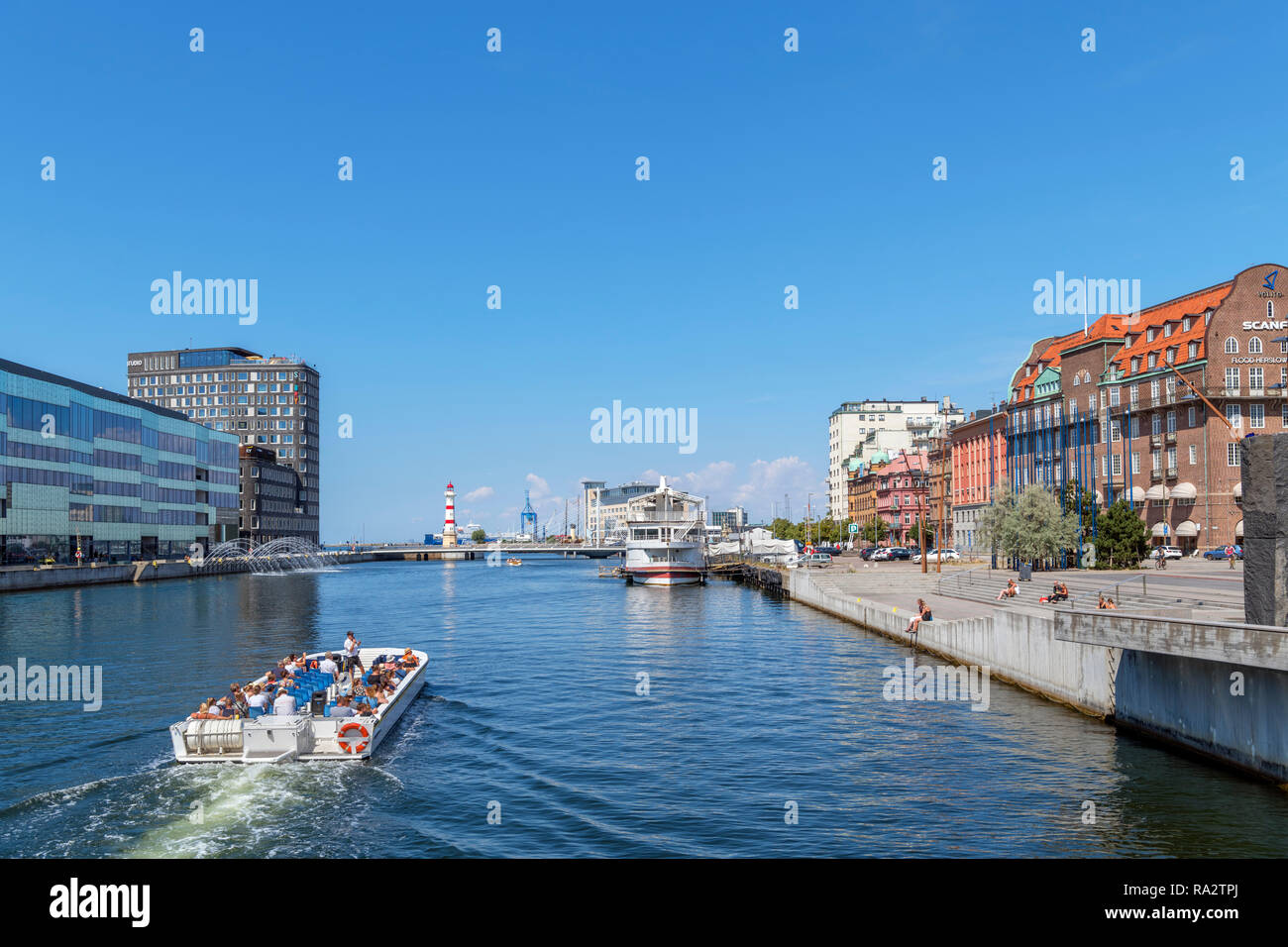 Canal cruise boat in the harbour, Malmo, Scania, Sweden Stock Photo