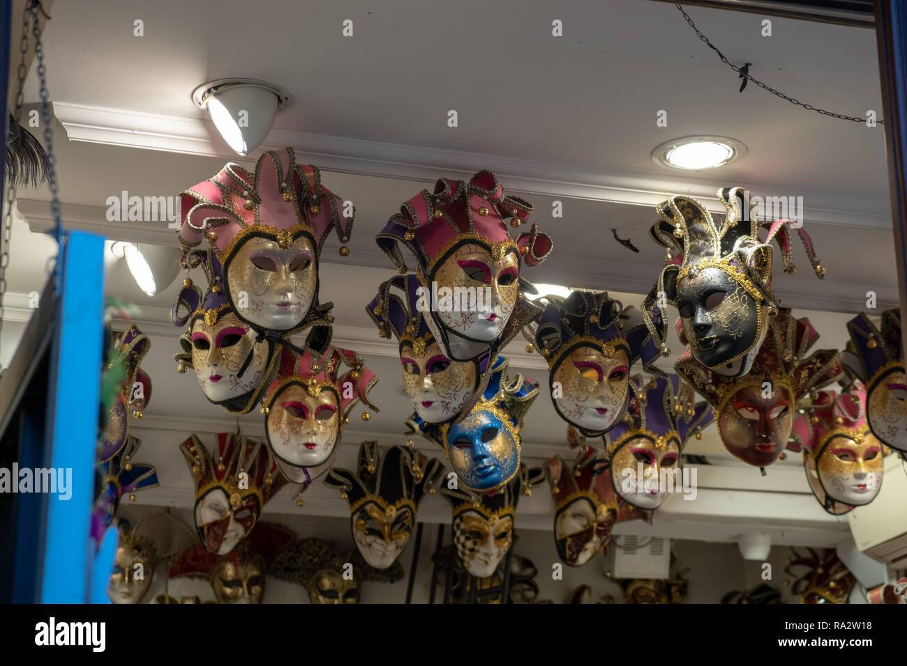 The masks of the Venice carnival hung in a shop. masks