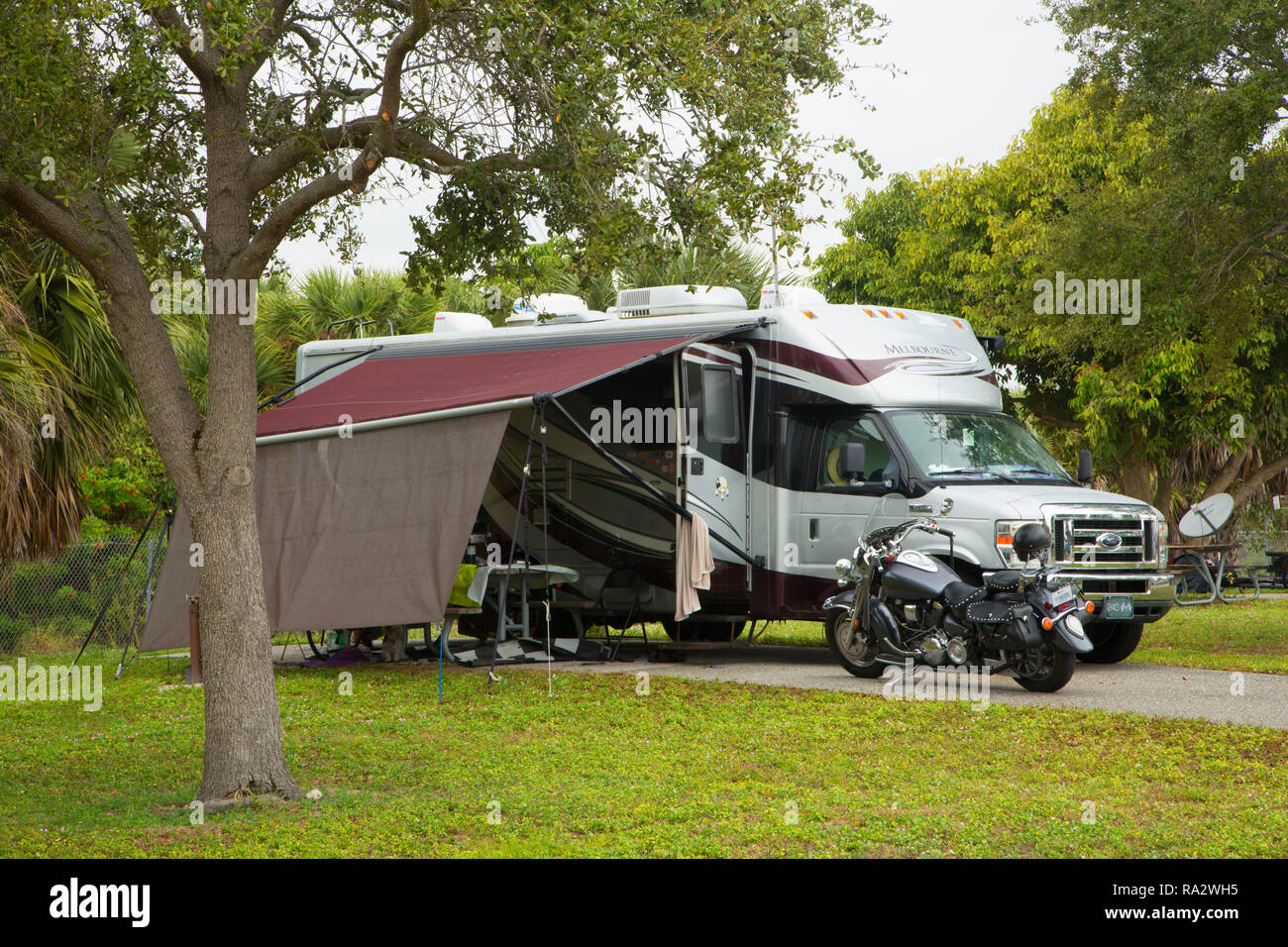 Motorhome in campground, John Prince Park, Lake Worth, Florida Stock