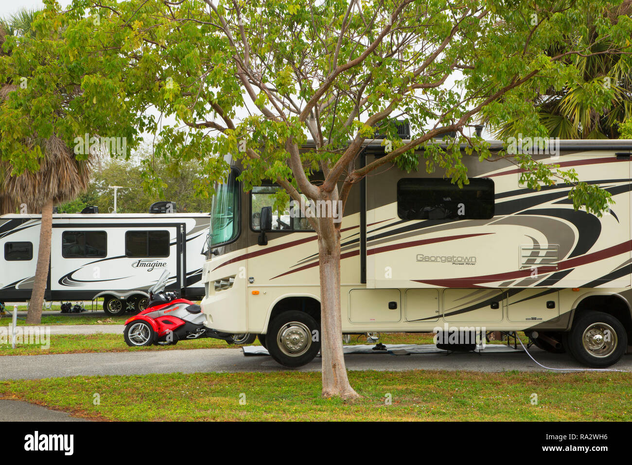 Motorhome in campground, John Prince Park, Lake Worth, Florida Stock