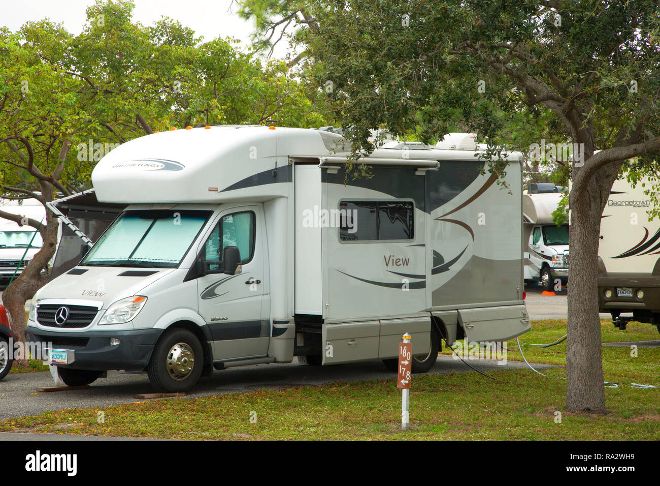 Motorhome in campground, John Prince Park, Lake Worth, Florida Stock