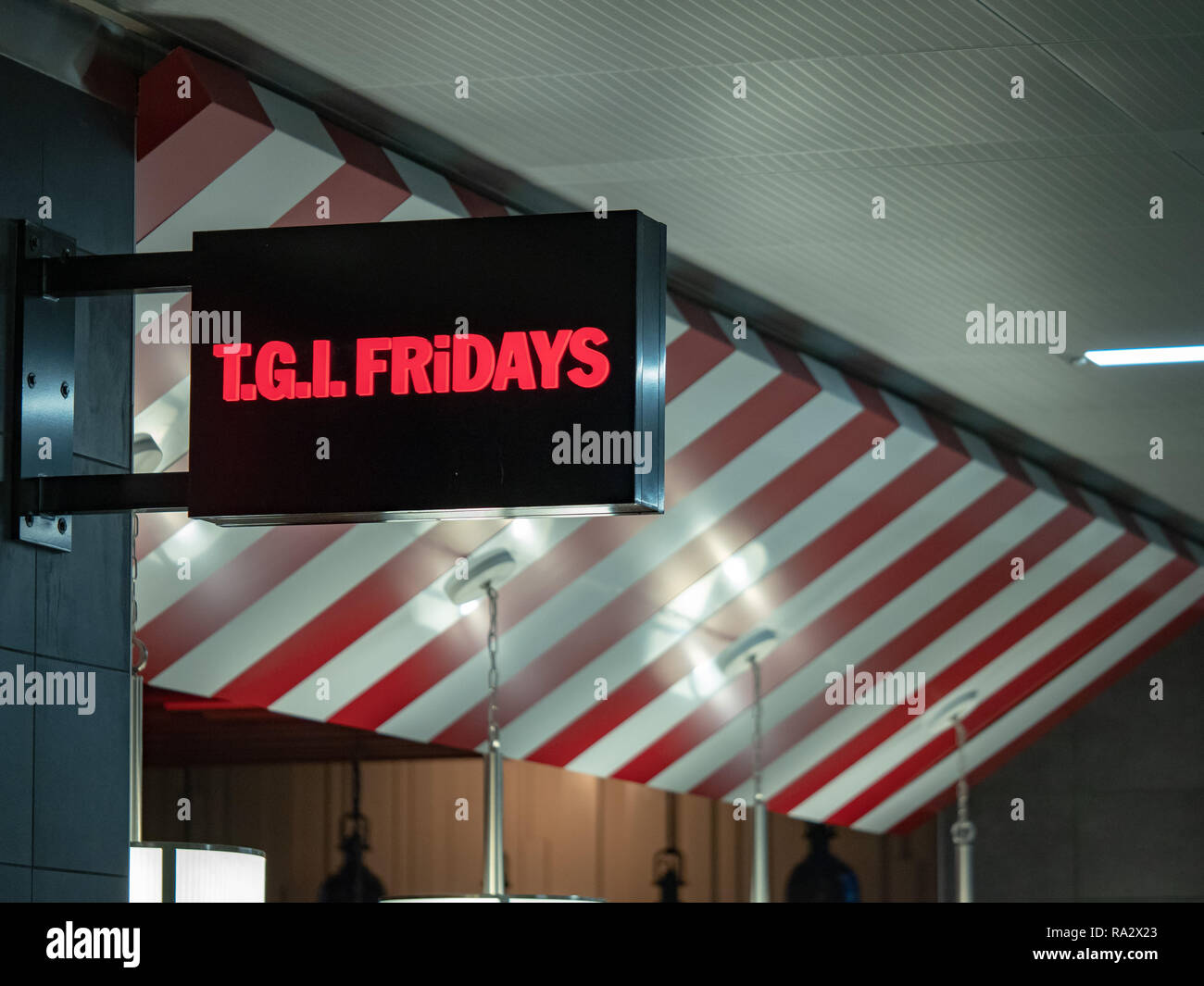 TGI Fridays banner logo at Hartsfield Jackson Atlanta International Airport Stock Photo