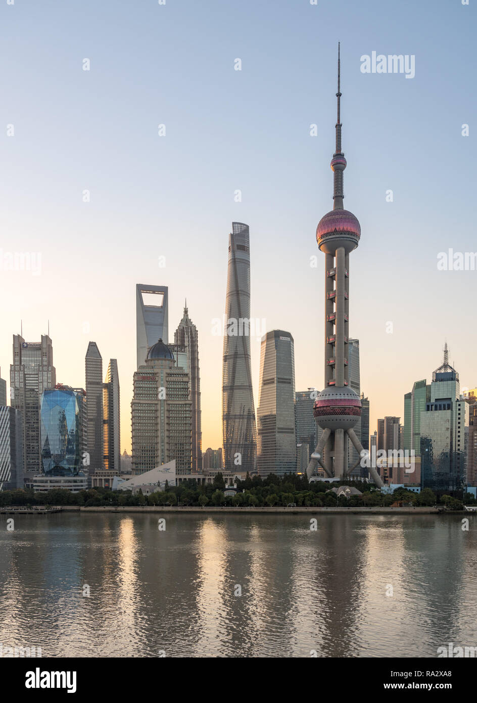 Skyline of the financial district in city of Shanghai at dawn Stock Photo