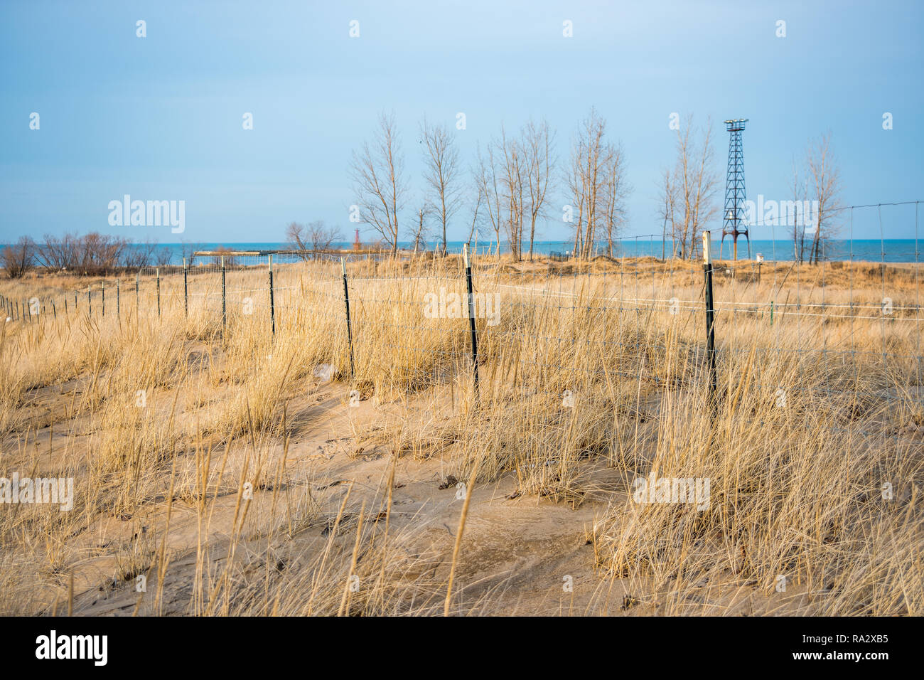 Prairie landscape at Montrose Harbor with view of Lake Michigan Stock Photo