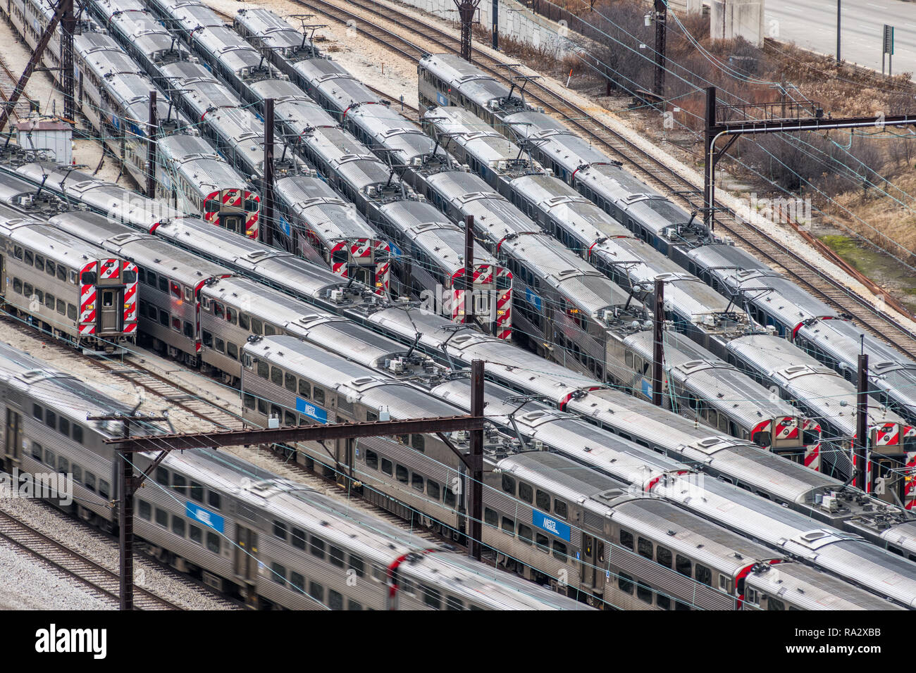 Aerial view of Metra Trains in railyard Stock Photo