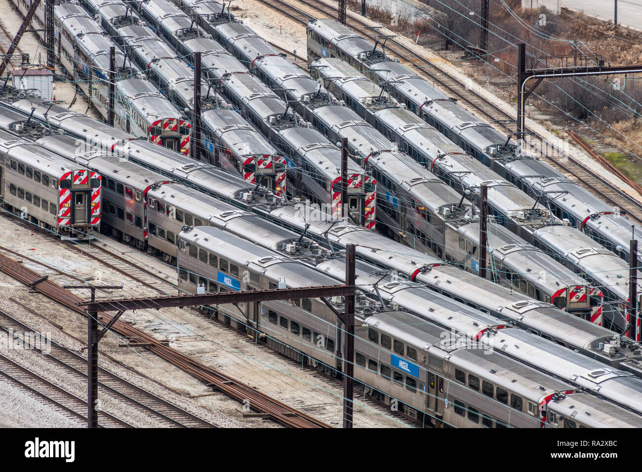 Aerial view of Metra Trains in railyard Stock Photo