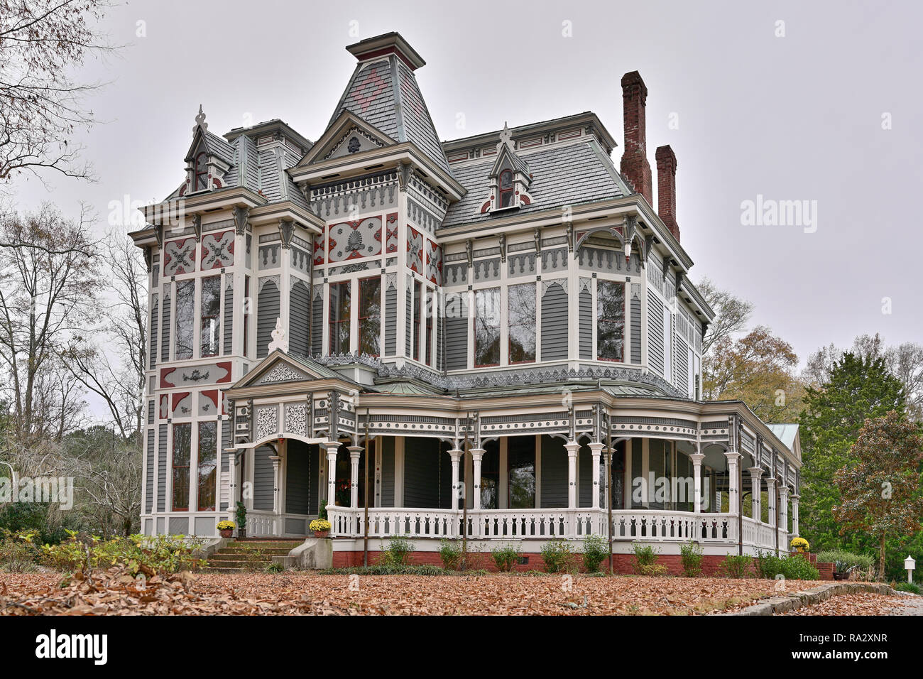 Front exterior entrance to a classic Victorian Gothic private residence or home or house in Newnan Georgia, USA. Stock Photo