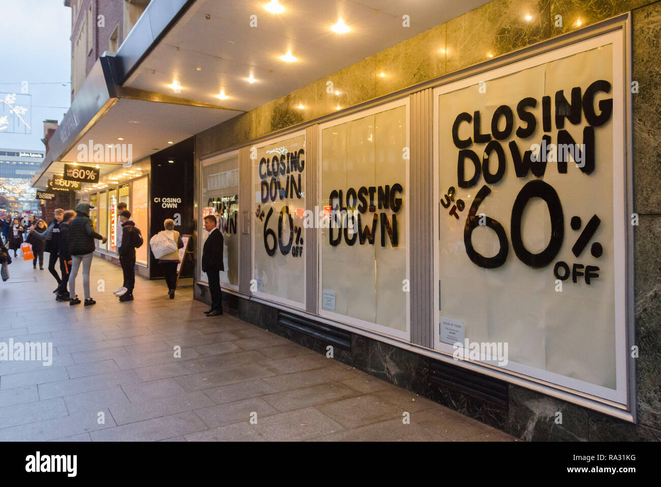 Exeter, Devon, UK. 30th Dec, 2018. The House of Fraser department store at Exeter in Devon, which is closing down in January 2018. The store is displaying closing down signs and has a sale with 60% off. Picture Credit: Graham Hunt/Alamy Live News Stock Photo