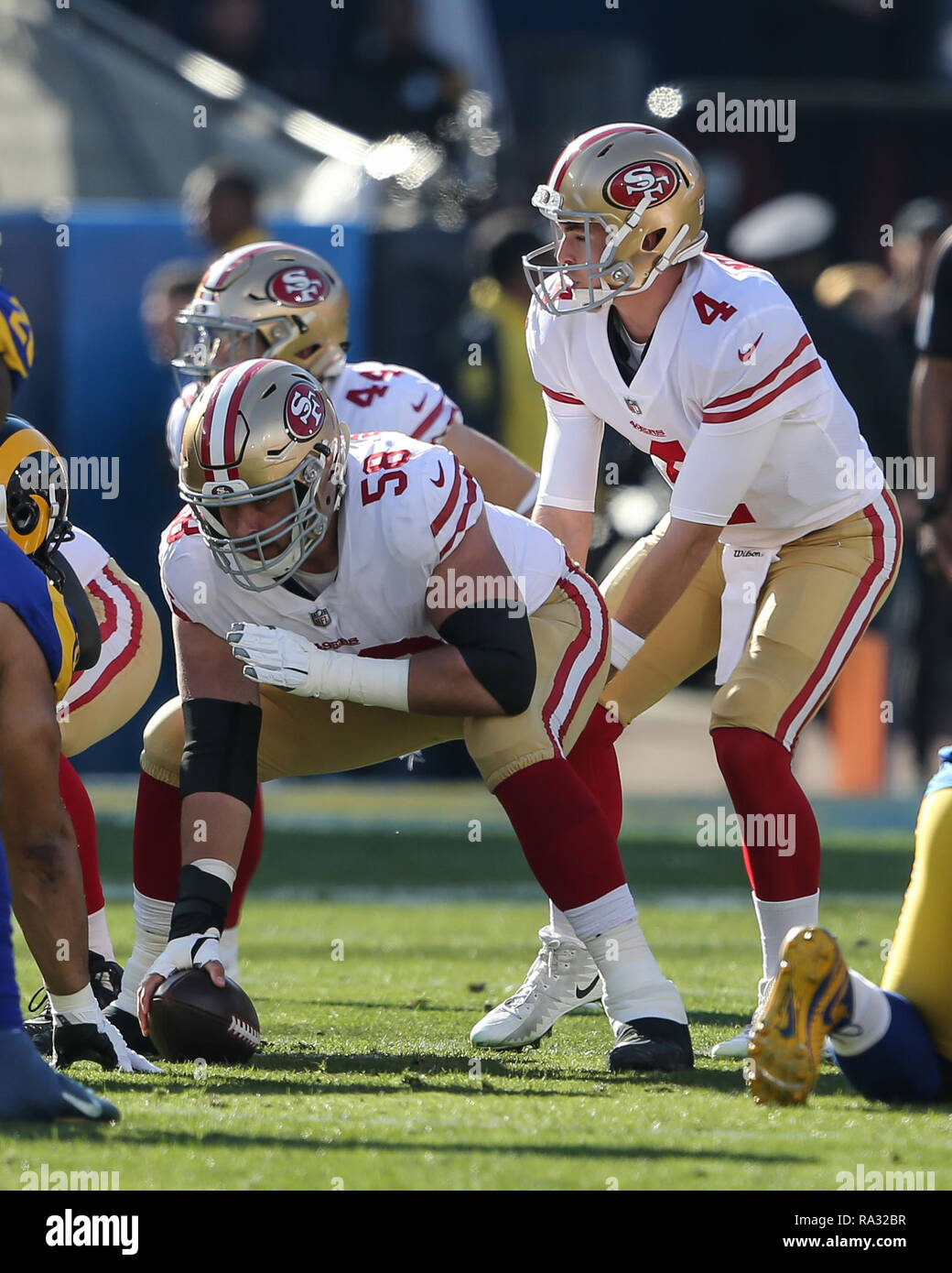 Los Angeles, CA, USA. 30th Dec, 2018. San Francisco 49ers quarterback Nick  Mullens #4 witing for center exchange with San Francisco 49ers center  Weston Richburg #58 during the NFL San Francisco 49ers