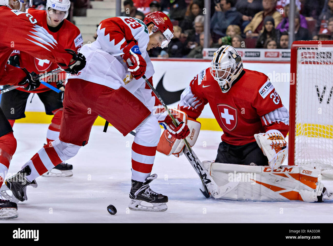 Vancouver. 27th Dec, 2018. Switzerland's goalie Akira Schmid stops the puck  during the match against Canada at the IIHF World Junior Championships in  Vancouver, Dec. 27, 2018. Canada won the preliminary match