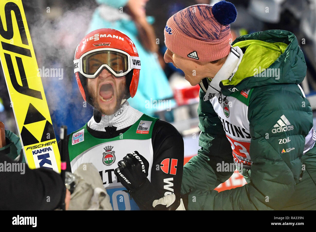 Markus EISENBICHLER (GER) jubilation, joy, enthusiasm over 2nd place, with Karl GEIGER (GER, right), action, ski jumping, 67th International Four Hills Tournament 2018/19. Kick-off in Oberstdorf, Erdinger Arena, on 30.12.2018. | usage worldwide Stock Photo