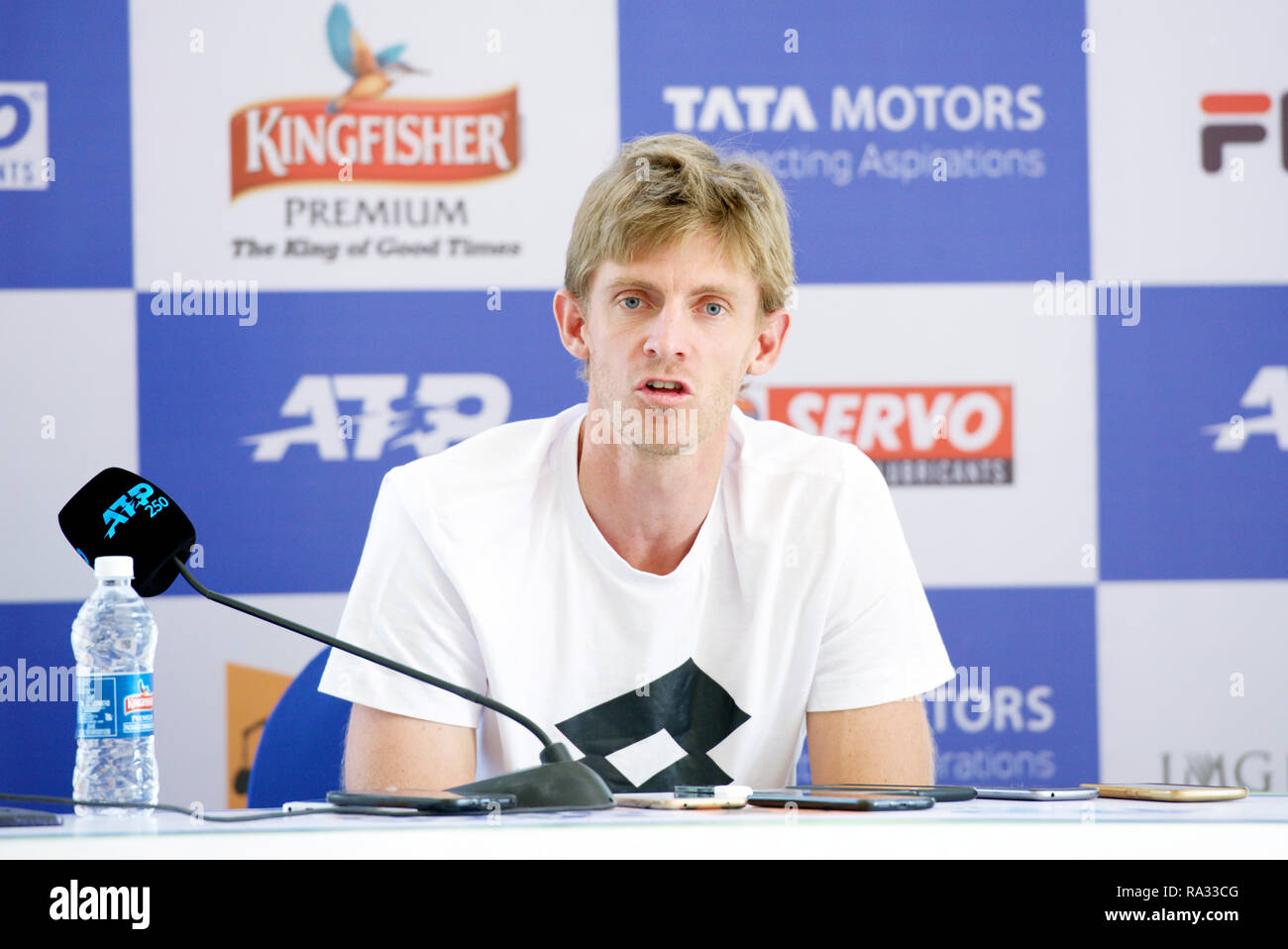 Pune, India. 31st December 2018. Kevin Anderson of South Africa speaks to the press on the inaugural day of Tata Open Maharashtra ATP Tennis tournament in Pune, India. Credit: Karunesh Johri/Alamy Live News Stock Photo
