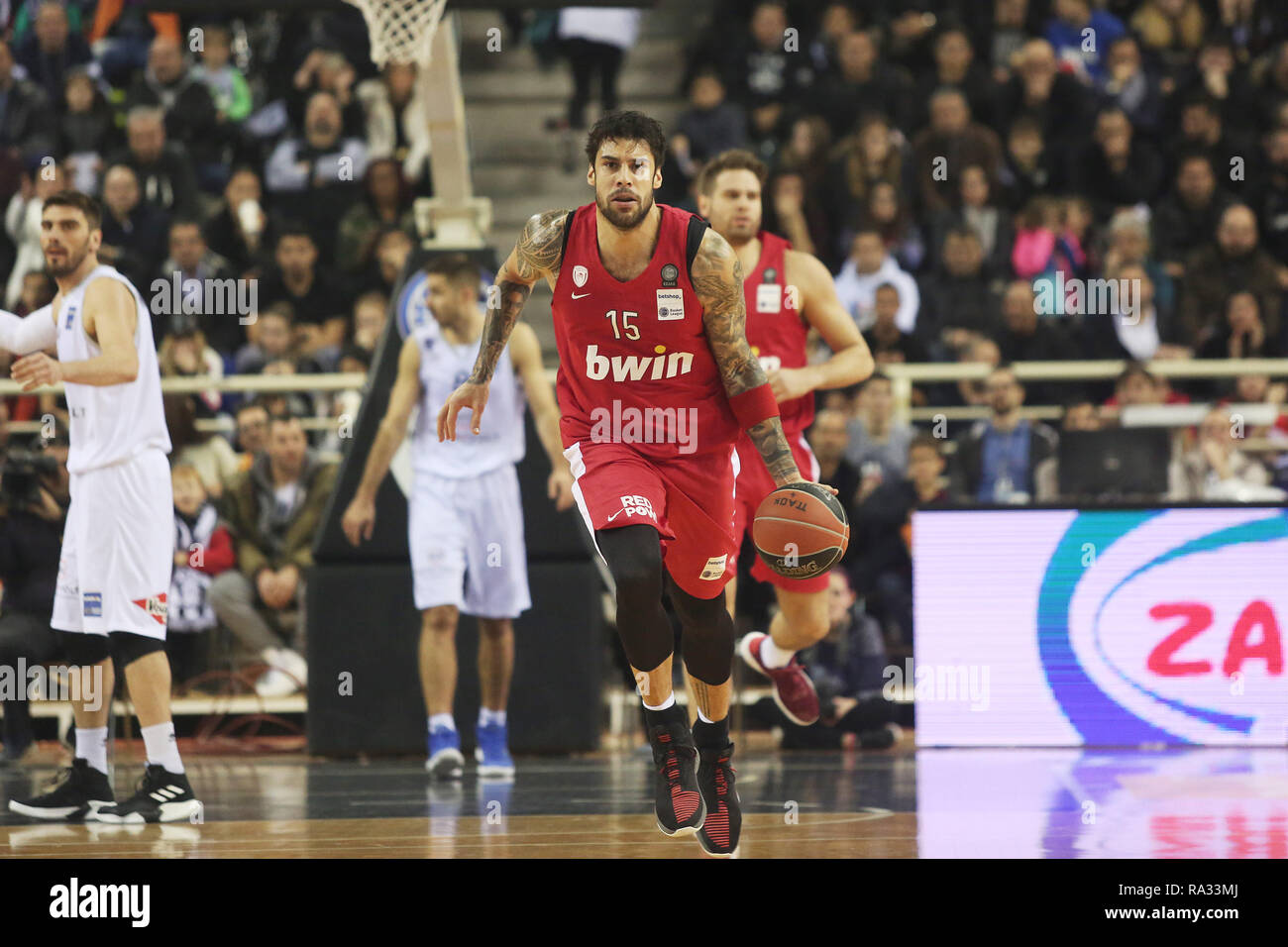 Thessaloniki, Greece. 30th Dec, 2018. Olympiacos BC player Georgios  Printezis in action during a basket game between PAOK BC and Olympiacos BC.  Greek Basket League game between PAOK BC and Olympiacos BC.