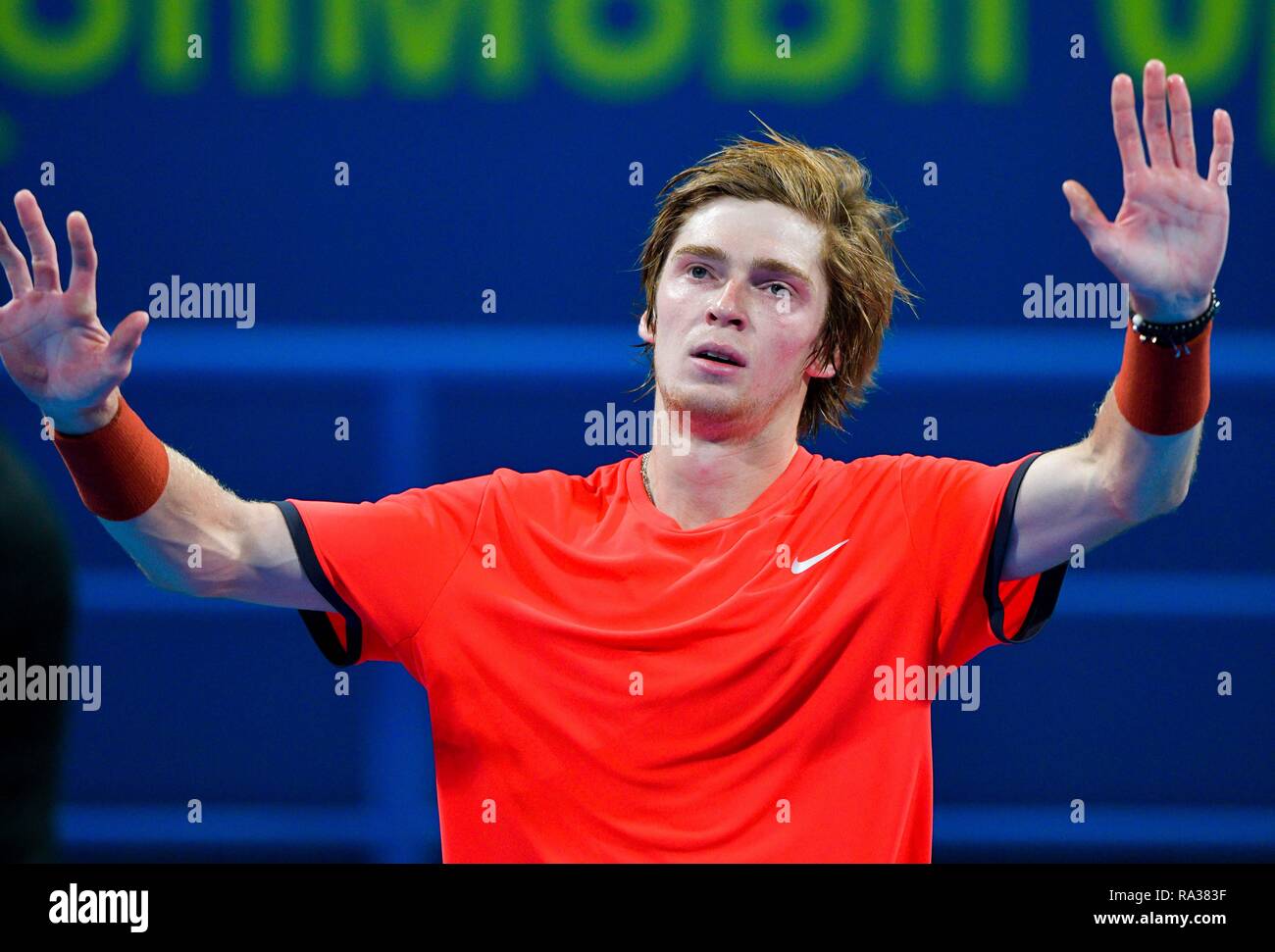 Doha, Qatar. 31st Dec, 2018. Andrey Rublev of Russia celebrates after the  singles first round of ATP Qatar Open tennis match against Andreas Seppi of  Italy in Doha, capital of Qatar, Dec.