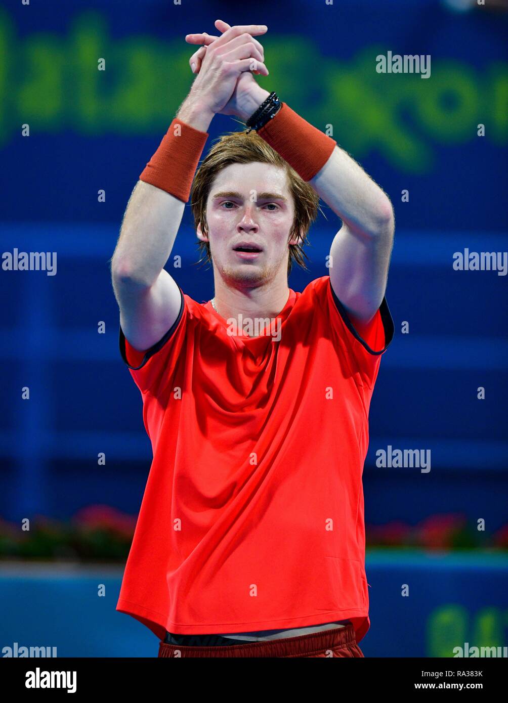 Doha, Qatar. 31st Dec, 2018. Andrey Rublev of Russia celebrates after the  singles first round of ATP Qatar Open tennis match against Andreas Seppi of  Italy in Doha, capital of Qatar, Dec.