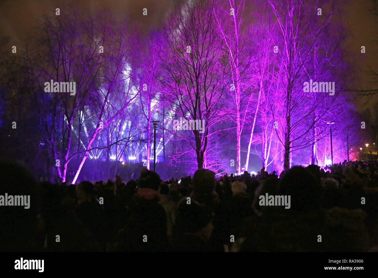 (190101) --ESPOO, Jan. 1, 2019 (Xinhua) -- A massive laser show is held to celebrate the New Year in the city of Espoo, Finland, on Dec. 31, 2018. Espoo becomes the first city in Finland to replace fireworks with laser show when celebrating the New Year. The public demand for banning the use of fireworks is constantly rising in recent years in Finland, aiming to reduce the cases of injuries, air pollution and stress and anxiety in animals caused by fireworks. (Xinhua/Li Jizhi) Stock Photo