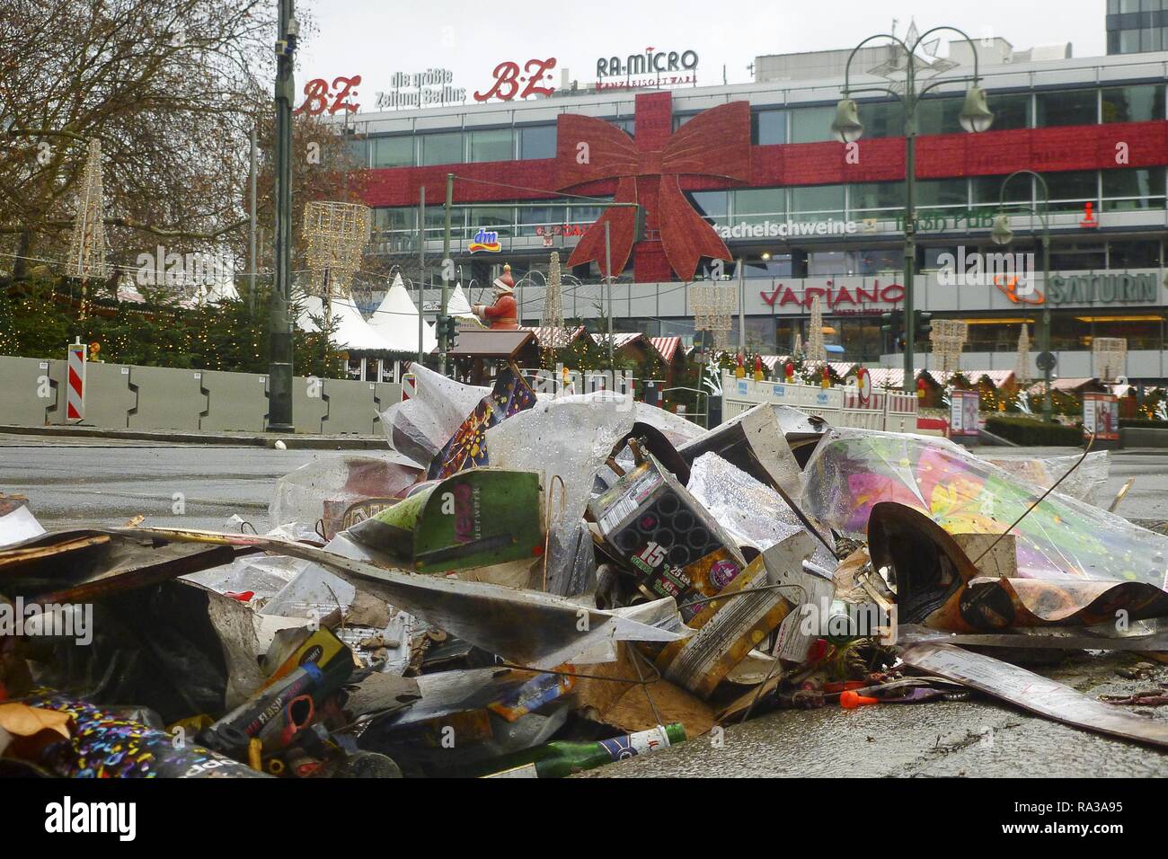 January 1, 2019 - Remnants and garbage from used firecrackers and fireworks can be seen at KurfÃ¼rstendamm in Berlin district of Charlottenburg-Wilmersdorf on New Year's morning. Credit: Jan Scheunert/ZUMA Wire/Alamy Live News Stock Photo