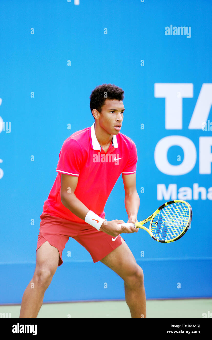 Pune, India. 1st January 2019. Felix Auger-Aliassime of Canada in action in  the first round of singles competition at Tata Open Maharashtra ATP Tennis  tournament in Pune, India. Credit: Karunesh Johri/Alamy Live