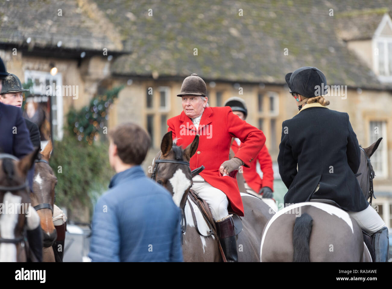 Stow On The Wold, UK. 01st Jan, 2019. Stow-on-the-wold, Gloucestershire. UK. 01/01/19 The annual New Years Day Hunt meet in Stow-On-The-Wold. Master of the Hunt in Hunting Pink A marked increase in spectators and followers this year. Credit: Desmond J Brambley Credit: Desmond Brambley/Alamy Live News Stock Photo