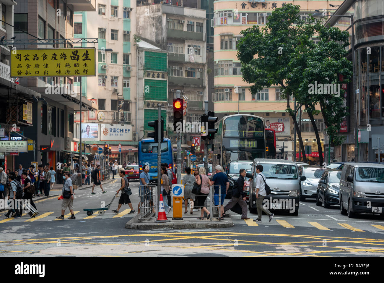 A busy crossing in Wan Chai on Hong Long Island. Stock Photo