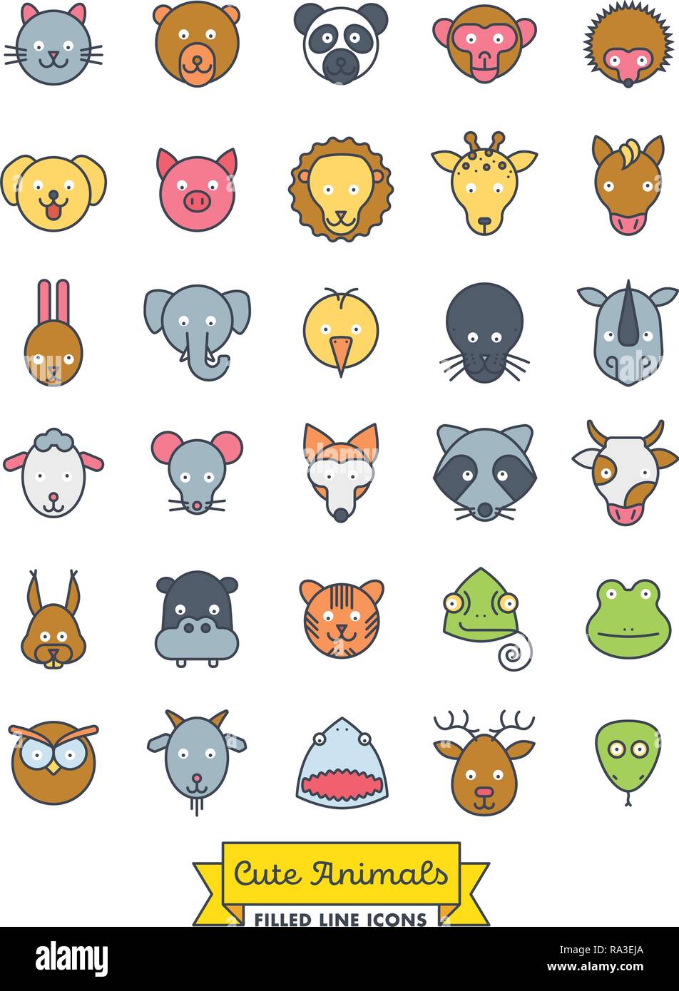 Collection of cute animal faces color filled line icons. Pet, cattle and wild creatures vector symbols. Stock Vector