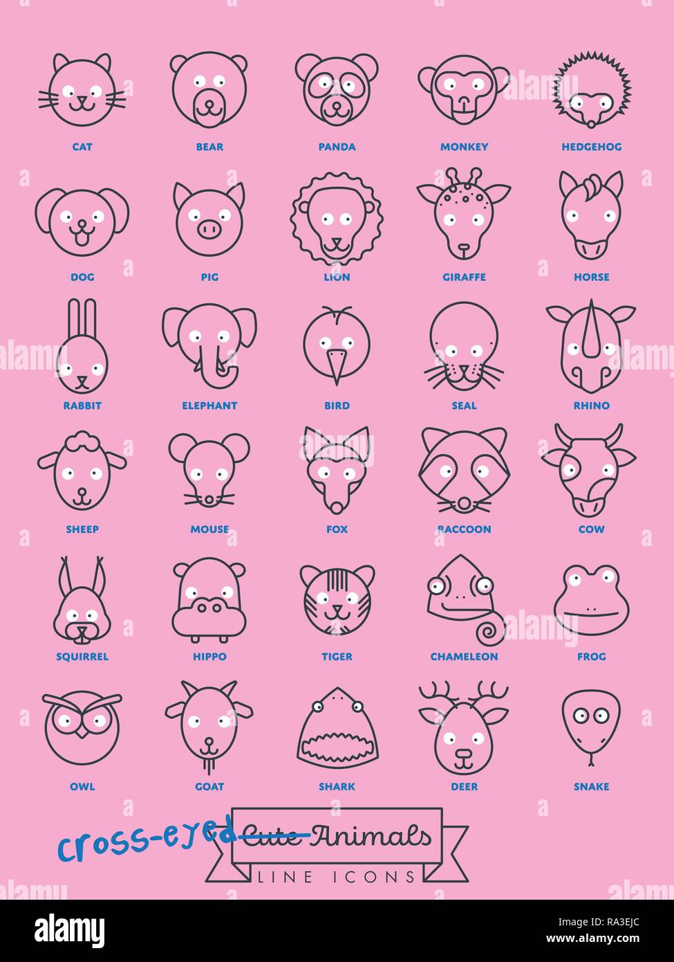 Collection of funny cross-eyed animal faces vector line icons. Stock Vector