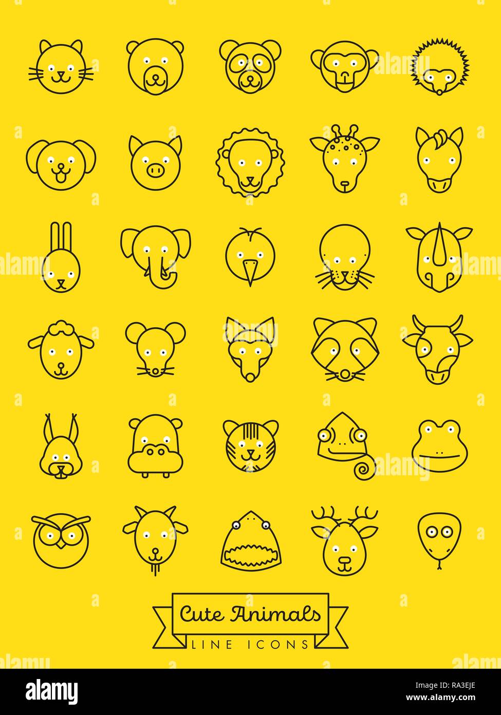 Collection of cute animal faces with white eyeballs vector line icons. Pet, cattle and wild creatures symbols. Stock Vector