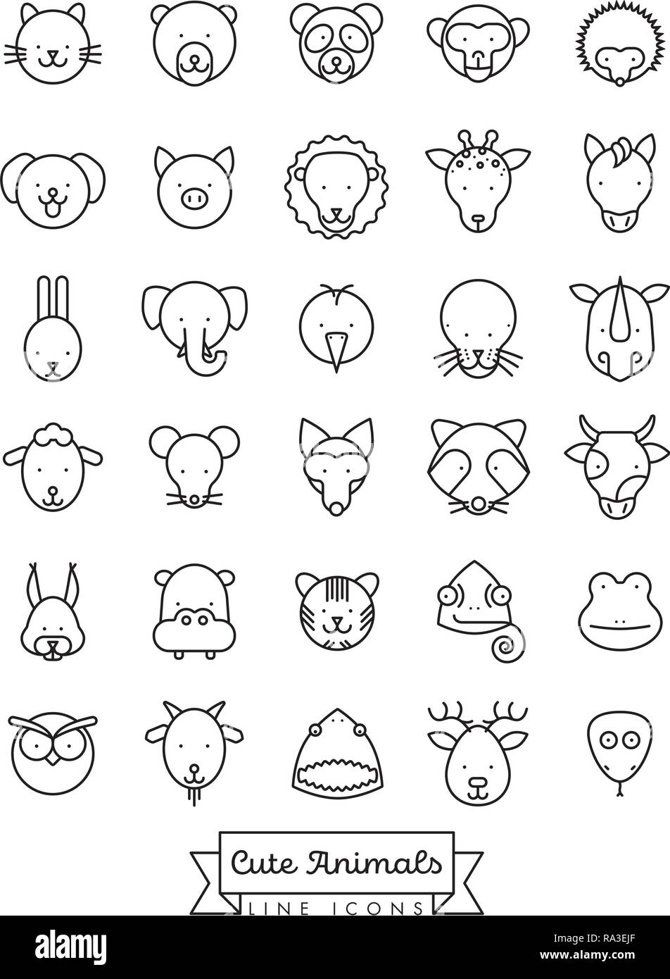 Collection of cute animal faces vector line icons. Pet, cattle and wild creatures symbols. Stock Vector