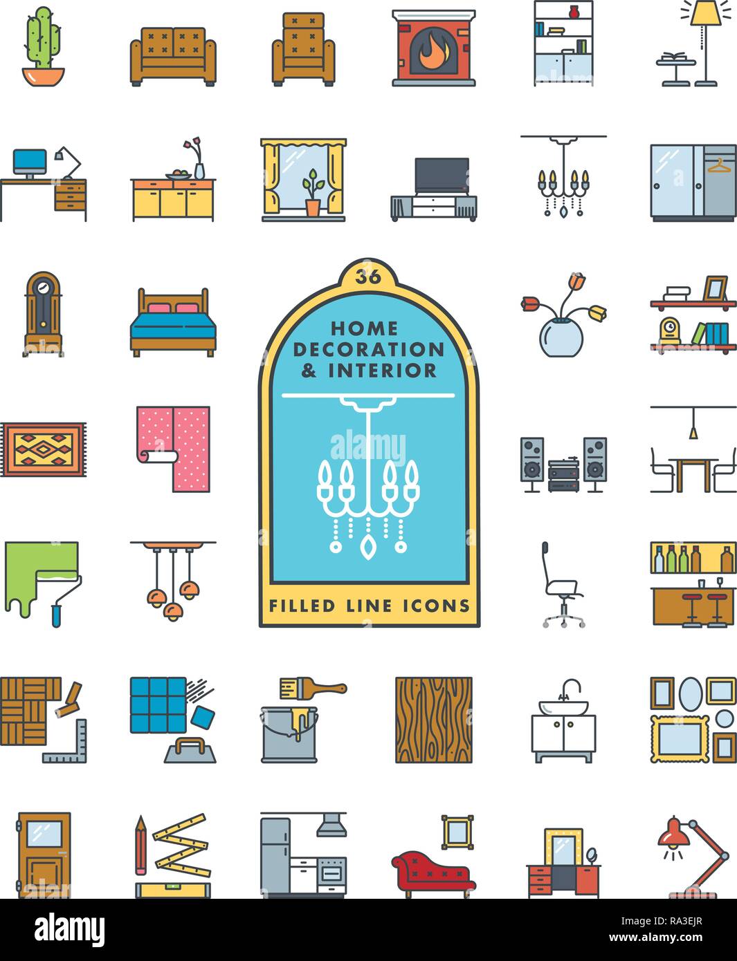 Vector collection of 36 interior, furniture and home decoration color filled line icons Stock Vector