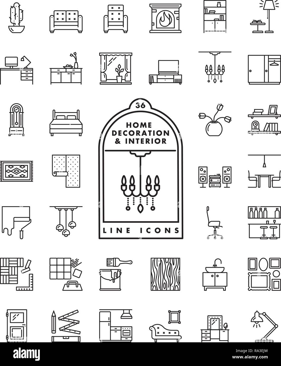 Vector collection of 36 interior, furniture and home decoration line icons Stock Vector
