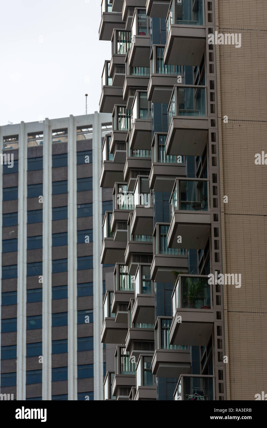 Balconies seemingly stacked on top of each other on this luxury apartment block in Wan Chai, Hong Kong. Stock Photo