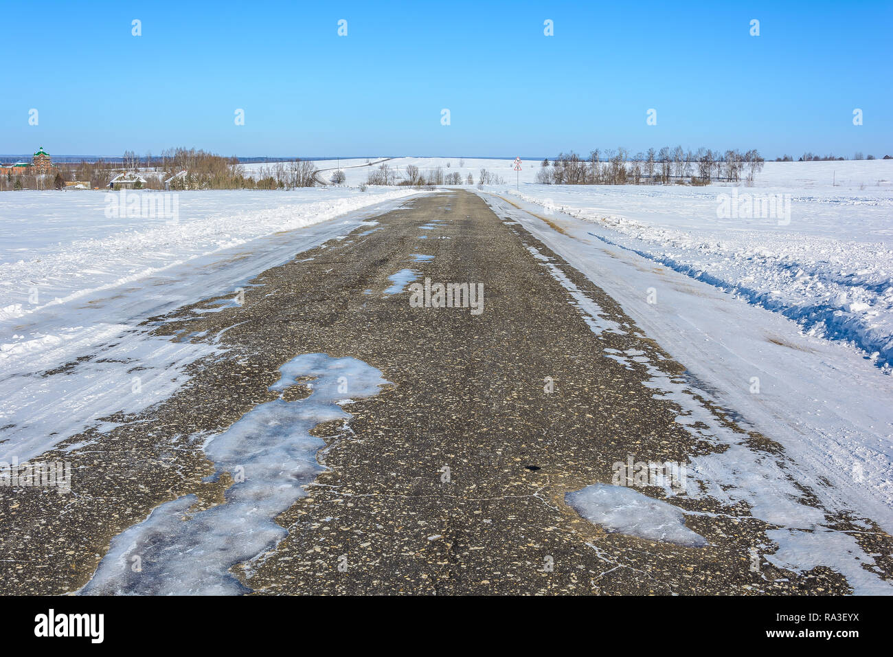 Ice road in cold winter weather Stock Photo