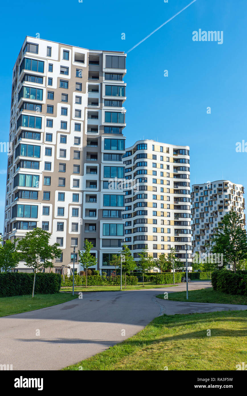 Modern highrise apartment buildings seen in Munich, Germany Stock Photo