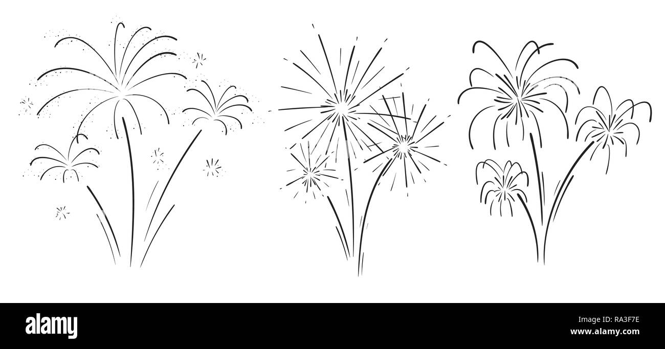 Hand drawn set of fireworks. Curly swishes, swashes, swoops. Doodle swirl. Isolated vector illustration on white background. Stock Vector