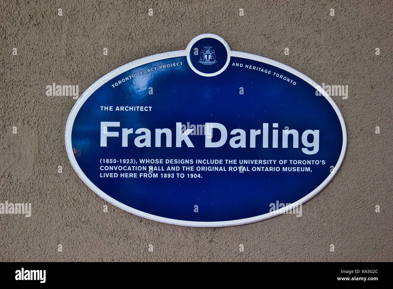 Blue commemorative plaque on home of Canadian architect Frank Darling, Toronto, Ontario, Canada Stock Photo