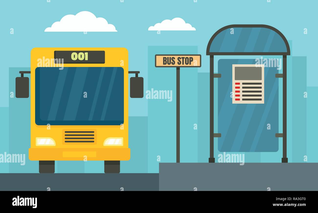 School bus station concept banner. Flat illustration of school bus station vector concept banner for web design Stock Vector