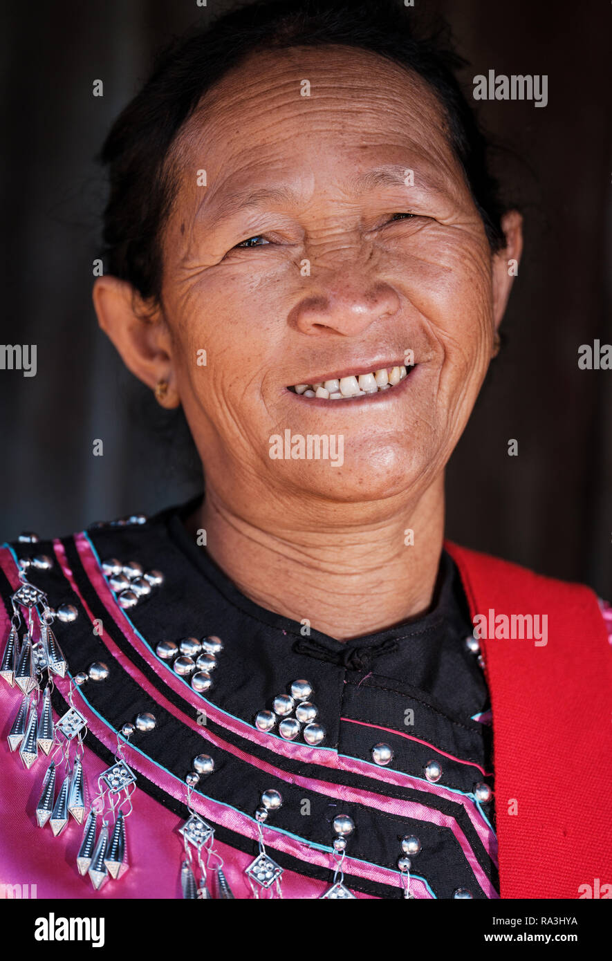 KYAING TONG, MYANMAR - CIRCA DECEMBER 2017:  Portrait of Wa women at the Naung Cho Wa Village of  near Kyaing Tong in Myanmar Stock Photo