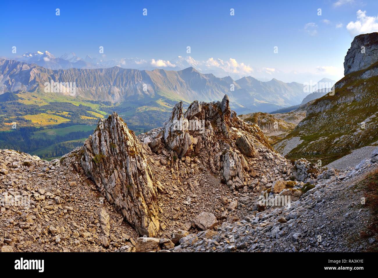 Evening light in the karst area of Schrattenfluh, Unesco Biosphere Entlebuch, view of the Lucerne and Bernese Alps Stock Photo