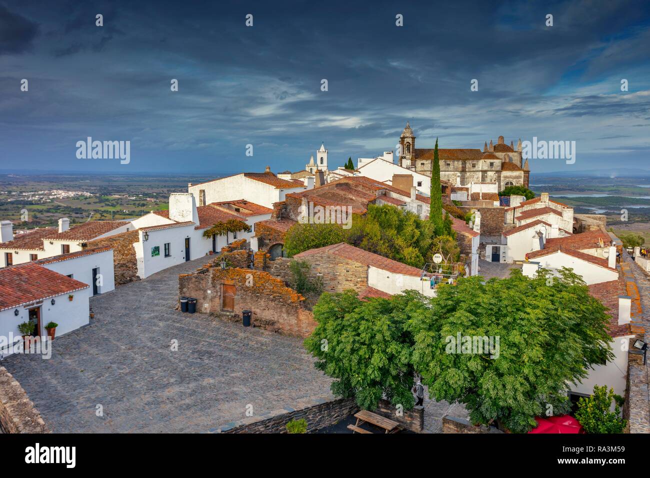 Mountain village with church Santa Maria da Lagoa, Monsaraz, Alentejo, Portugal Stock Photo