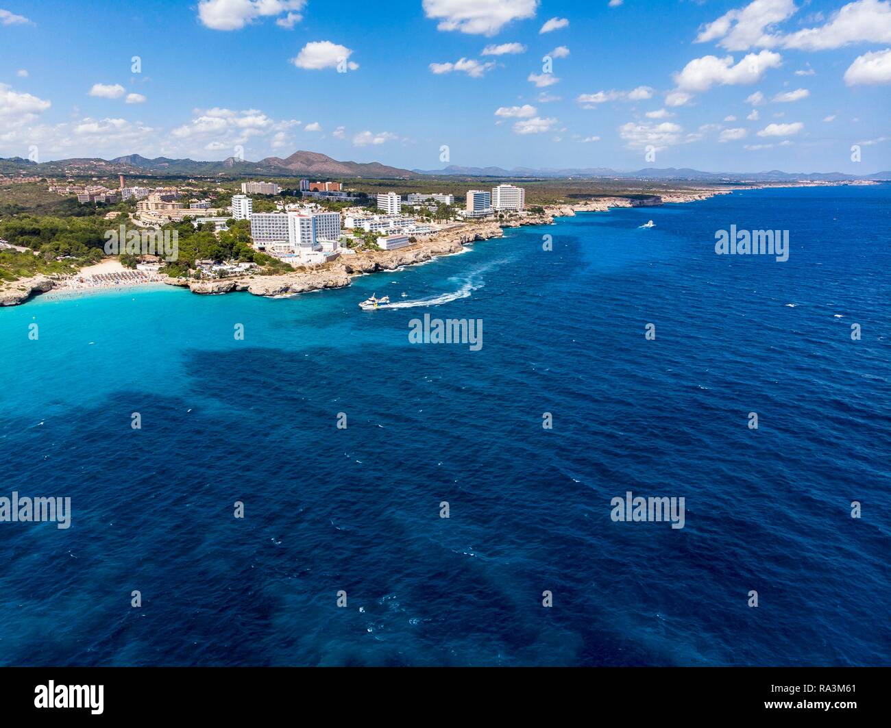 Drone shot, Rocky Coast with Hotels, Cala Tropicana and Cala Domingos, Porto Colom Region, Majorca, Balearic Islands, Spain Stock Photo