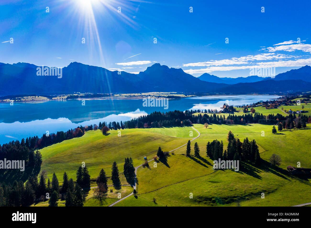 Lake Forggensee reservoir off the Alps, Dietringen, Ostallgäu, Bavaria, Germany Stock Photo