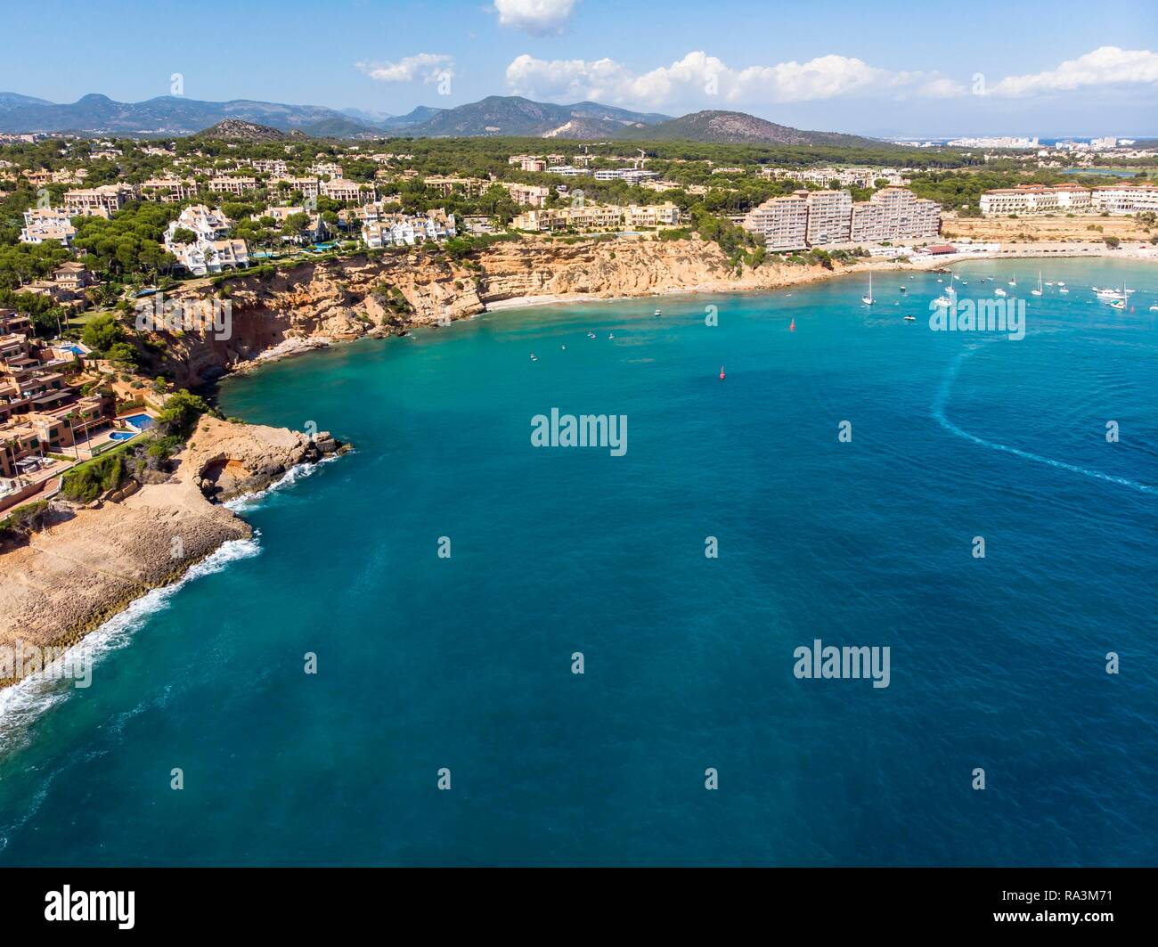 Aerial view, rocky coast and marina Port Adriano, El Toro, Santa Ponca region, Majorca, Balearic Islands, Spain Stock Photo
