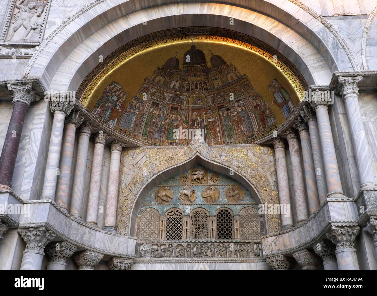 Entrance portal with artistic mosaic, St. Mark's Cathedral, Basilica di San Marco, St. Mark's Square, Piazza San Marco, Venice Stock Photo